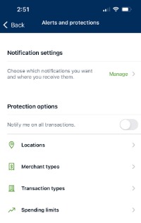An image of the card management alerts and protections screen.